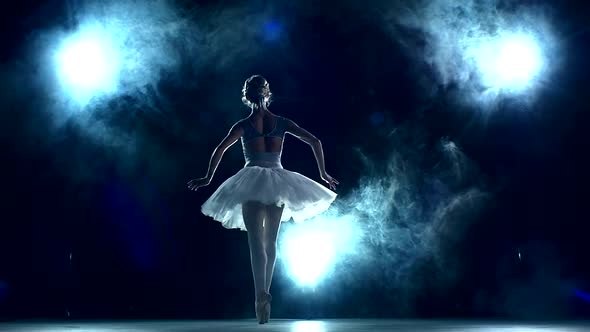 Ballerina Doing a Workout in the Classroom on Blue. Slow Motion alt