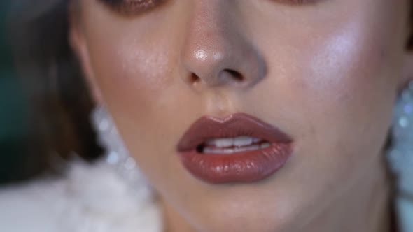 Girl With Long Fake Eyelashes And Perfect Make-up. Closeup Of Beautiful Young Female Model With Soft