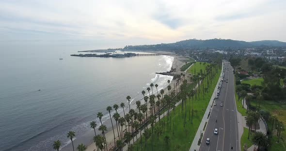 Flying over Cabrillo Boulevard on Santa Barbara, California coast