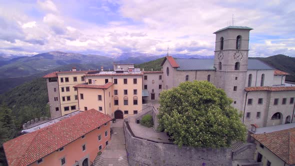 Aerial View Italy monastery, church with tower, aerial view