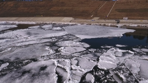Aerial View on Beautiful Winter Landscape in the River, the River Was Put in Ice