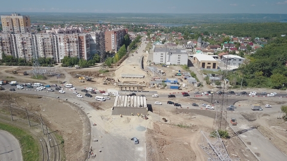 Large Junction Under Construction, Aerial View, Difficult Car Traffic, Sunny Summer Day