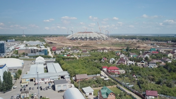 Construction of Stadium in Samara City, Sunny Day, Summertime, Small Houses Are Near