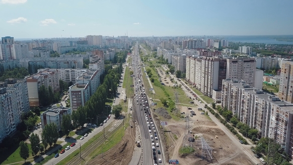 Traffic Jam of Modern Russian City in Sunny Summer Day