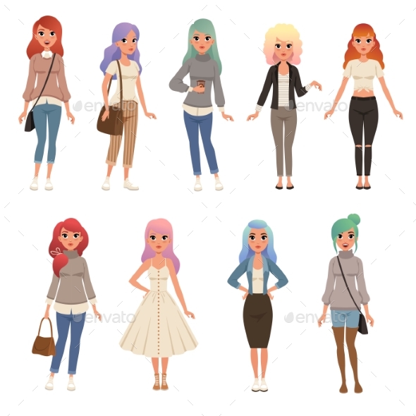 Young Women with Long Dyed Hair Set - People Characters