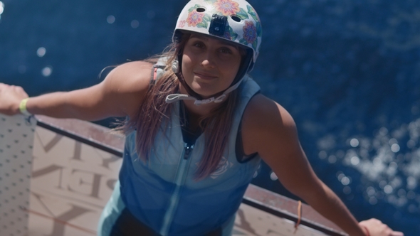 Sport Woman in Swimming Suit Watching Something Up. Extreme Woman Portrait alt