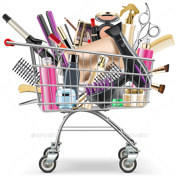 Vector Supermarket Cart with Professional Cosmetics - Retail Commercial / Shopping