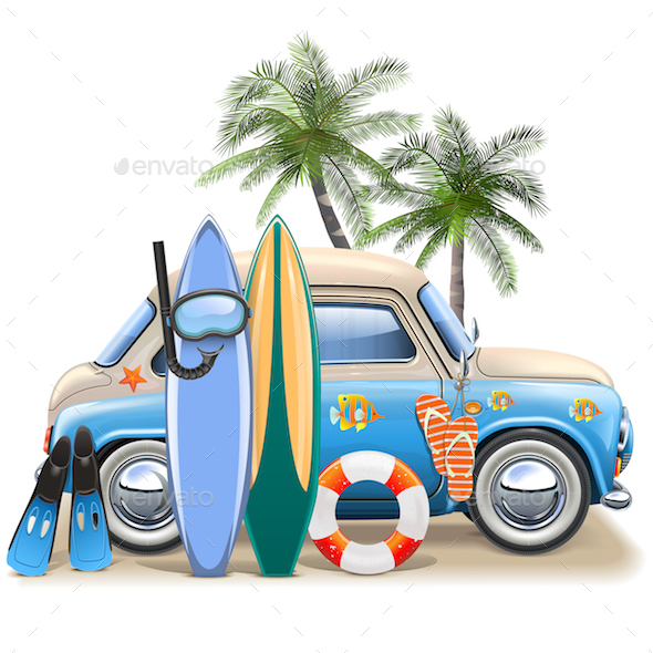 Vector Surfing Concept with Blue Car - Travel Conceptual