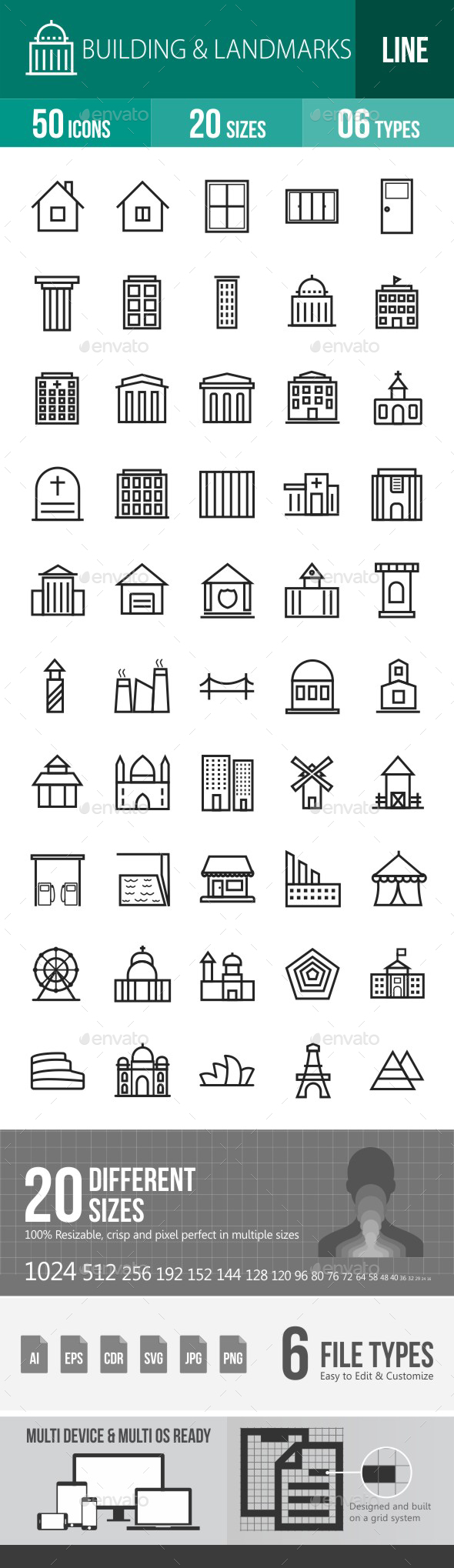 100 Building & Landmarks Flat Icons - Icons