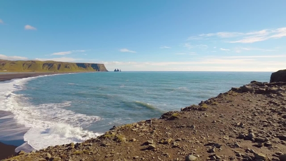 Panorama of Landscape on a Southern Coastline of Iceland in Sunny Day, Reynisdrangar