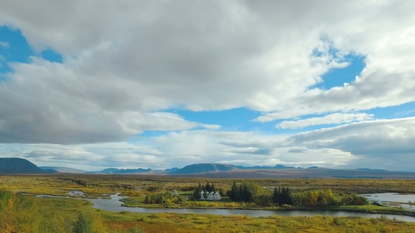 Panorama of National Icelandic Park Thingvellir From the Highest Point in Summer Day, Cloudy Sky