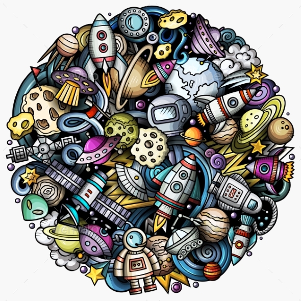 Cartoon Vector Doodles Space Illustration - Backgrounds Decorative