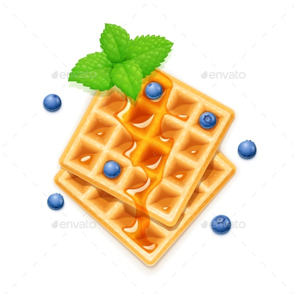 Belgian Waffle with Blueberries Honey and Peppermint - Food Objects