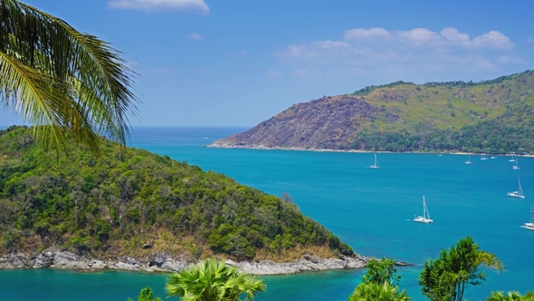 Ocean with Boats and Coastline, Phuket, Thailand
