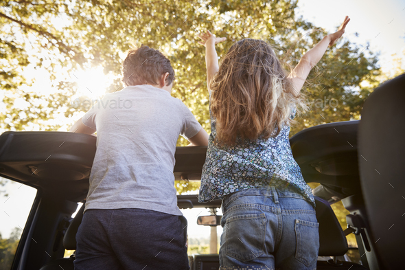 Children Standing Up In Back Of Open Top Car On Road Trip Stock Photo by monkeybusiness