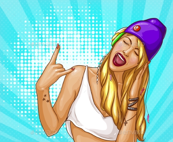Pop Art Girl in Headphones Vector Illustration - People Characters