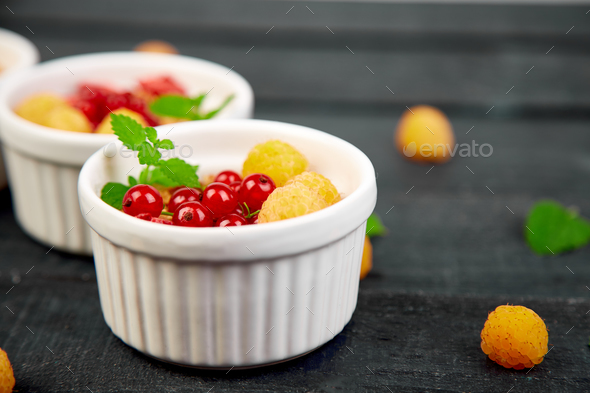 Healthy breakfast on white bowls. - Stock Photo - Images
