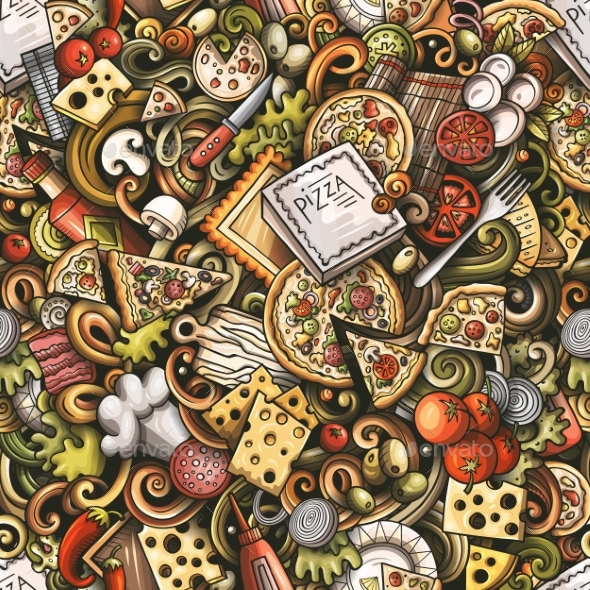 Cartoon Doodles Hand Drawn Pizza Seamless - Food Objects