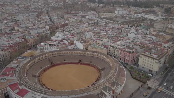 Aerial shot of Seville with the bullring alt