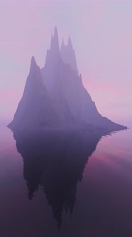 Vertical Purple Hazy 3D Rendered Rocky Island Landscape with Looping Calm Water