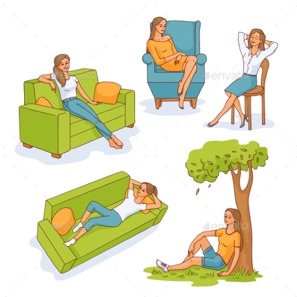 Vector Sketch Young Woman Resting Set - People Characters