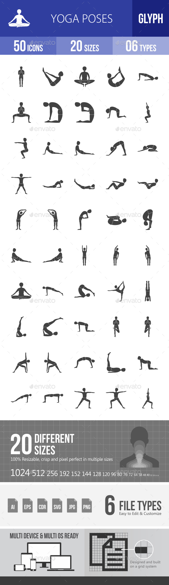 50 Yoga Poses Line Inverted Icon Set - TemplateMonster