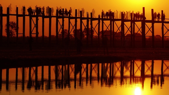 Famous U-Bein Teak Bridge at Sunset in Myanmar alt