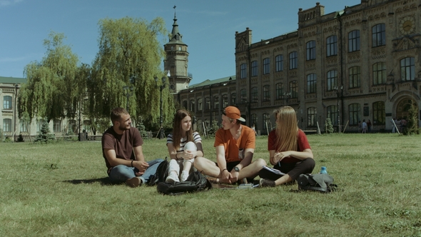 Cheerful Group of Students Chatting on Campus Lawn alt