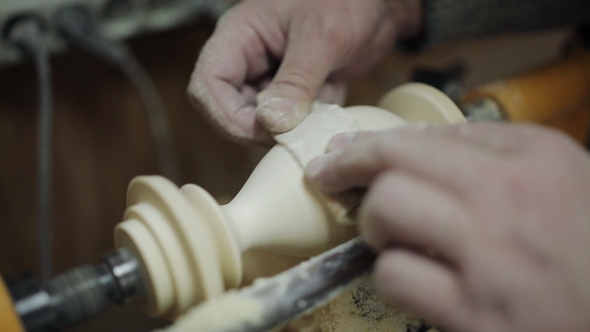 Sanding Wood on a Lathe. Foot Operated Spring Pole Wood Lathe.