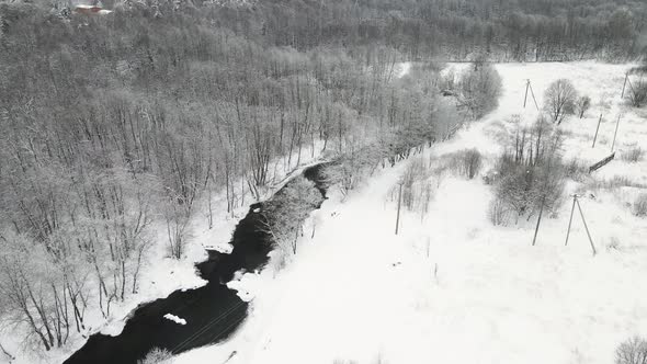 Christmas Fantastic Snowy Landscape with a Nonfreezing River Aerial View alt