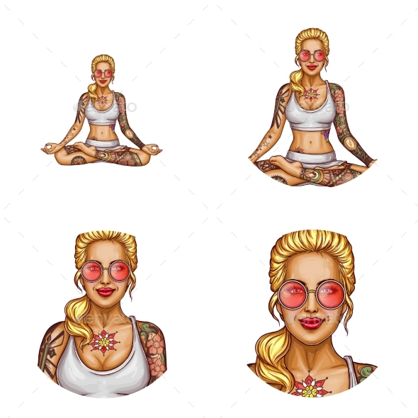 Vector Avatar of Tattooed Girl Doing Yoga - People Characters