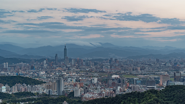 Wide angle view of Taipei's downtown from the Mountains