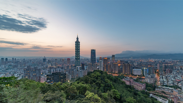 Taipei, Taiwan, Timelapse  - Wide Angle view of Taipei's downtown from day to night