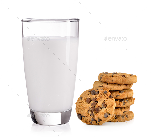 milk and Chocolate chip cookie on white background Stock Photo by sommai