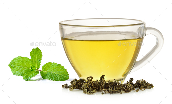 Glass cup of green tea and mint isolated on white background Stock