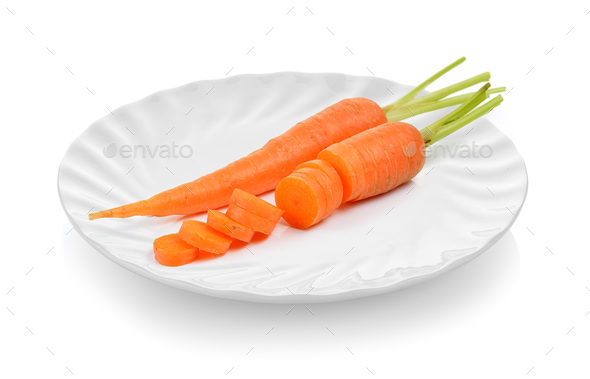 baby carrots in ceramic plate on white background Stock Photo by sommai