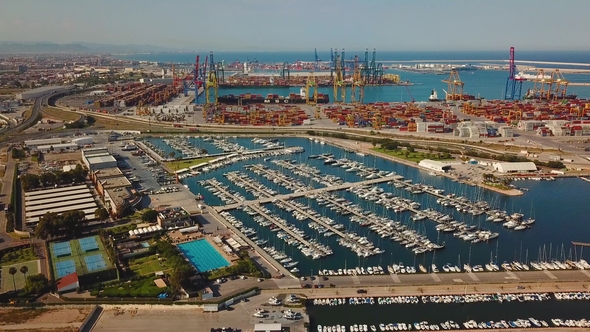 Aerial View of the Commercial Port and the Marina with Yachts in Valencia