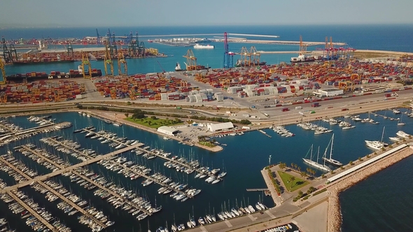 Commercial Port and the Marina with Yachts in Valencia