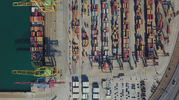 Aerial View of the Commercial Port of Valencia. Container Terminal and Ship During Loading