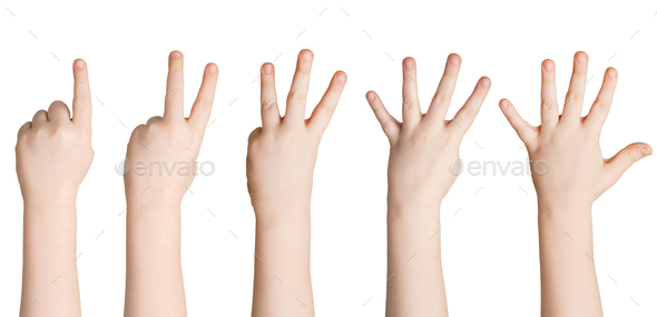 Set of white child hands showing figures, counting