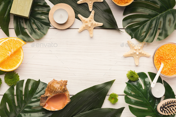 Spa background with facial mask and cream on white wood Stock Photo by Prostock-studio