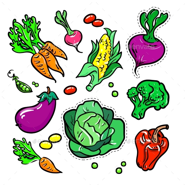 Vegetables Vector Isolated Retro Stickers Set - Food Objects