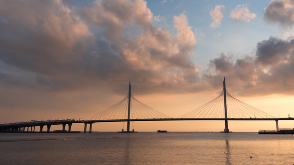 Cloudy Morning Sky Bridge Over the River on the Cables Is Road