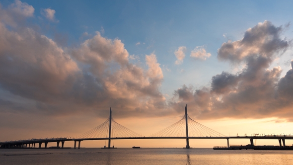 Cloudy Morning Sky Beautiful Bridge Over the River on the Cables Is Road
