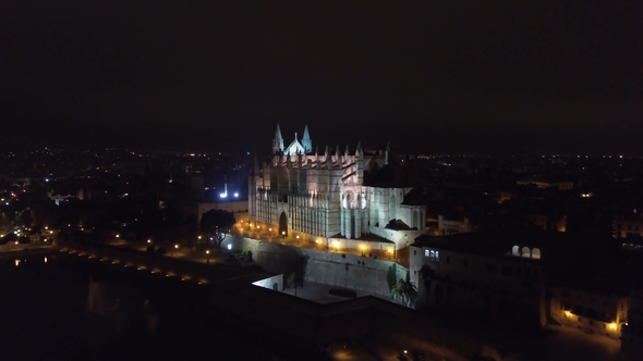 Aerial View at Night. Palma Cathedral of Santa Maria at Night in Palma Mallorca Spain alt