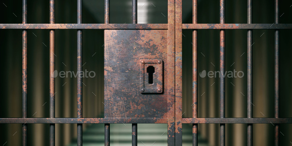 Prison interior. Locked rusty door closeup, dark background. 3d  illustration Stock Photo by rawf8