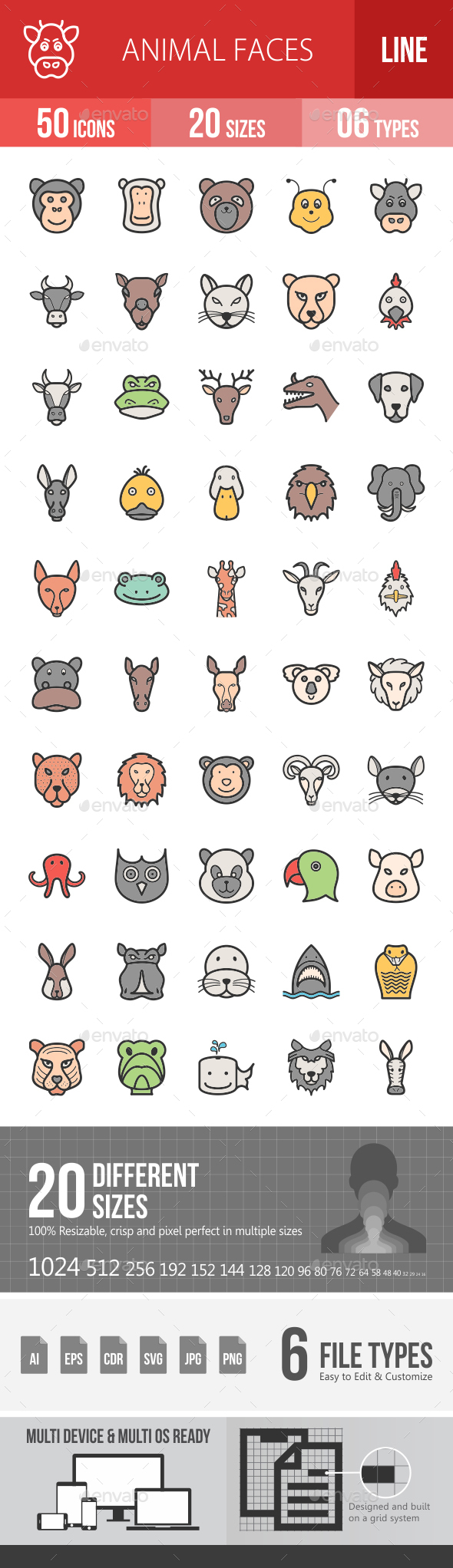 Animal Faces Filled Line Icons - Icons