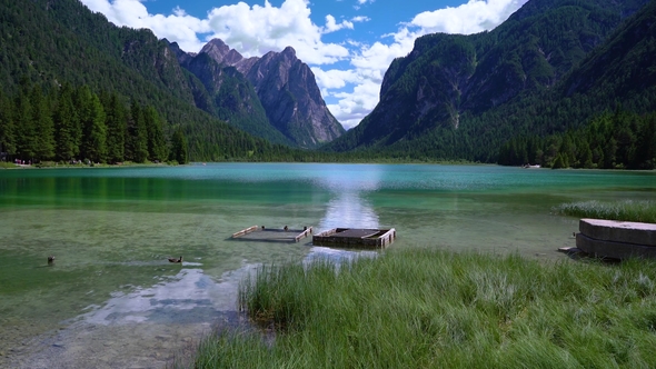 Lake Dobbiaco in the Dolomites, Italy alt