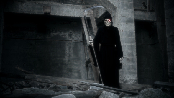 Death with a Scythe Raises a Sign with the Inscription Tima Expired alt