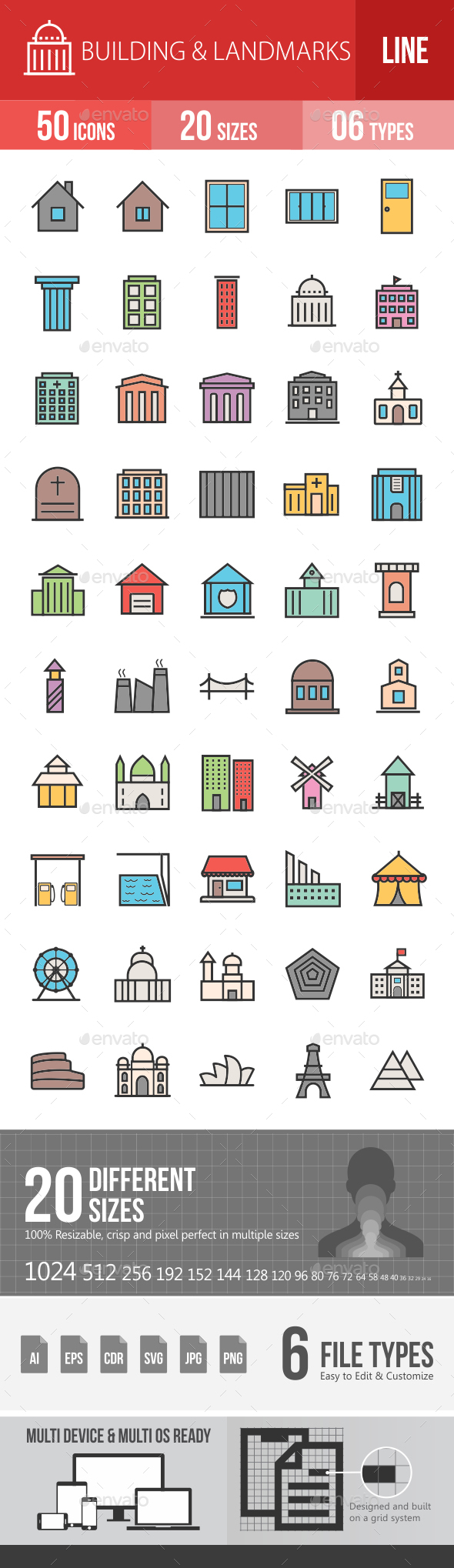 Buildings & Landmarks Filled Line Icons - Icons